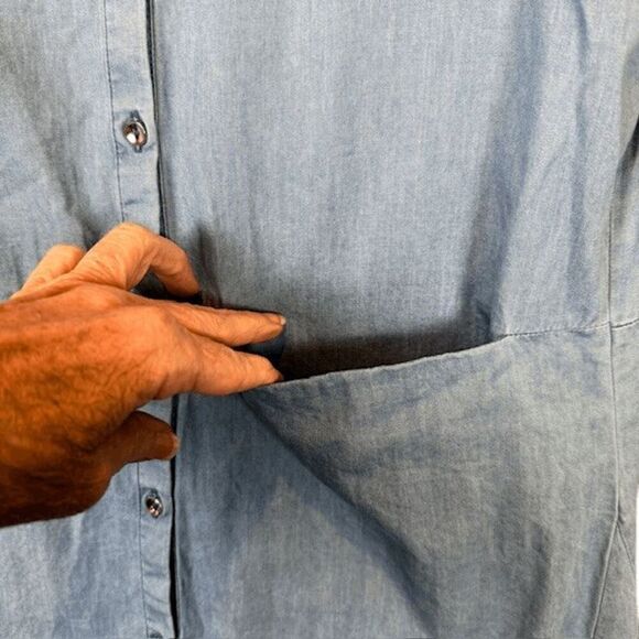 ZARA Chambray Blue Shirt Dress Collared Open Back Button Front Cold Shoulder XS - Picture 3 of 11